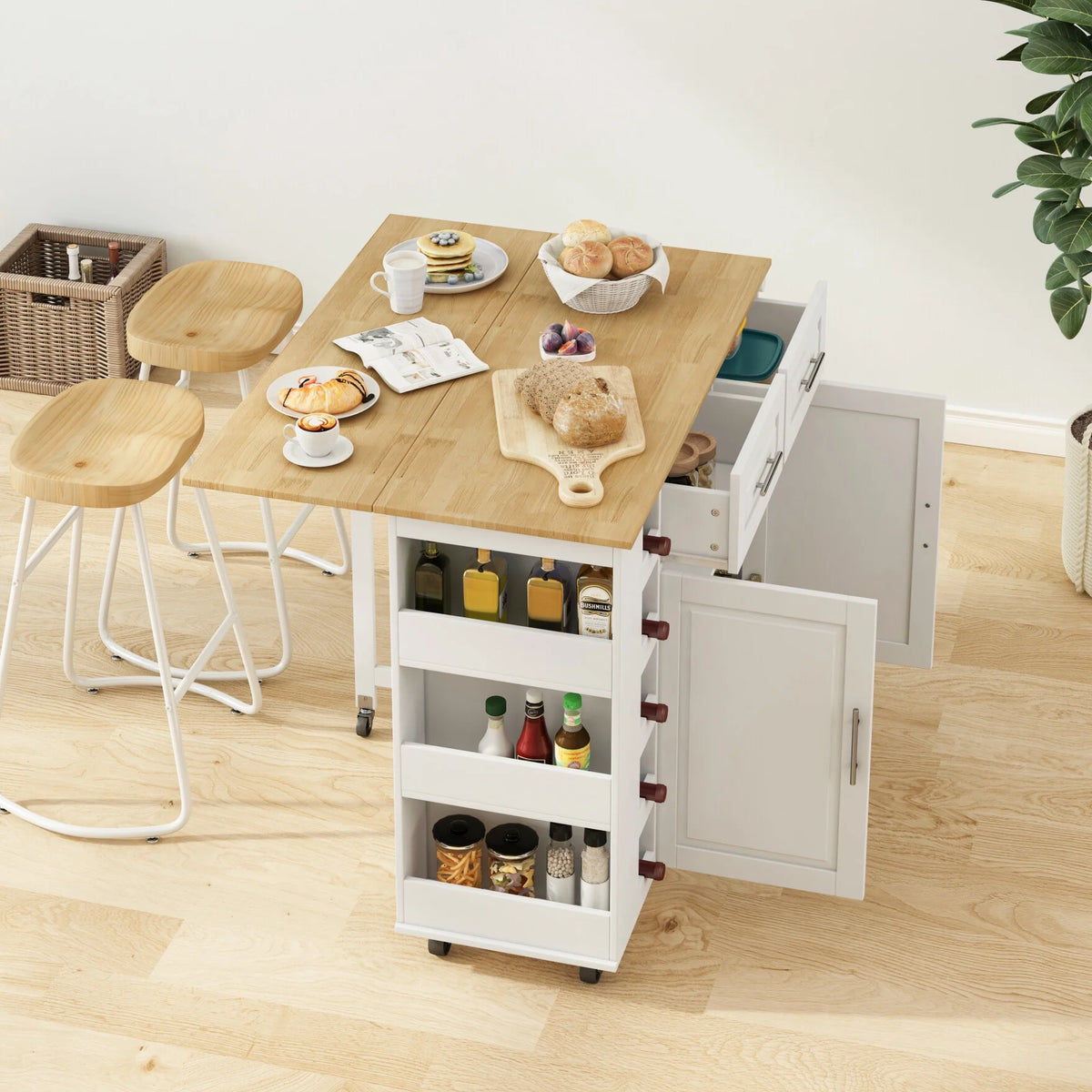 Movable Kitchen Island Cart with 2 Door Cabinet, 2 Drawers and Drop Leaf Top, Island Table with Spice Rack, Towel Holder, Wine Rack and Wheels, Kitchen Storage Cabinet, White