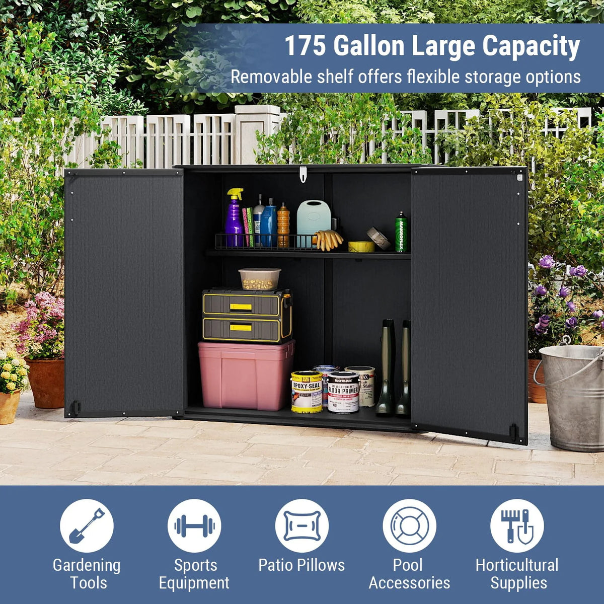 Tangkula 175 Gallon All-Weather Outdoor Storage Box with Lockable Door & Removable Shelf