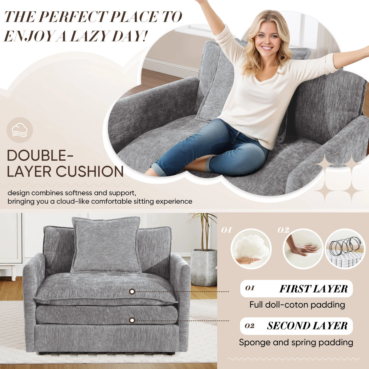 Muumblus Oversized Lounge Chair with Ottoman, Cloud Accent Armchair for Living Room, Beige Chenille