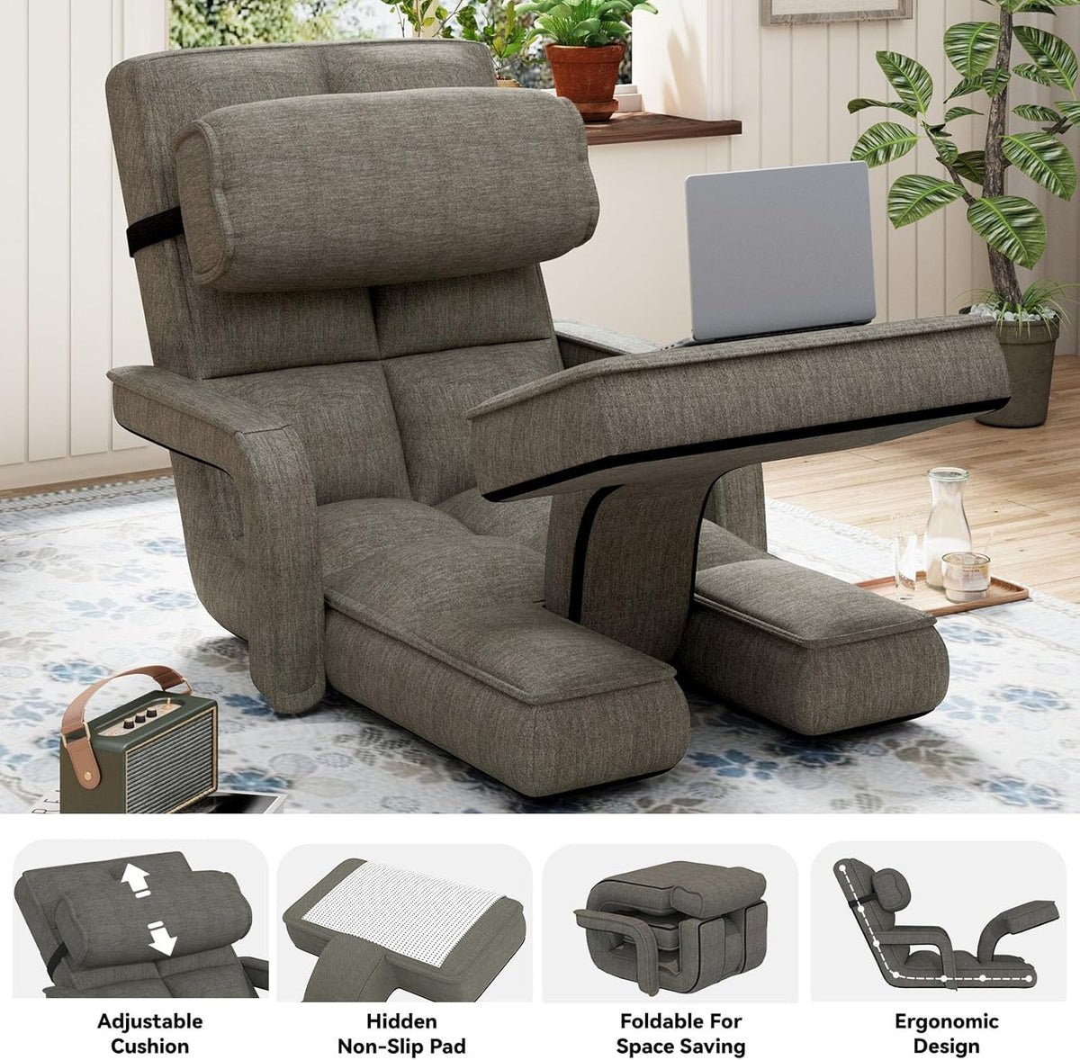 AECOJOY Floor Chair, Padded Folding Gaming Chair with 14-Level Adjustable Backrest, Portable Lazy Sofa