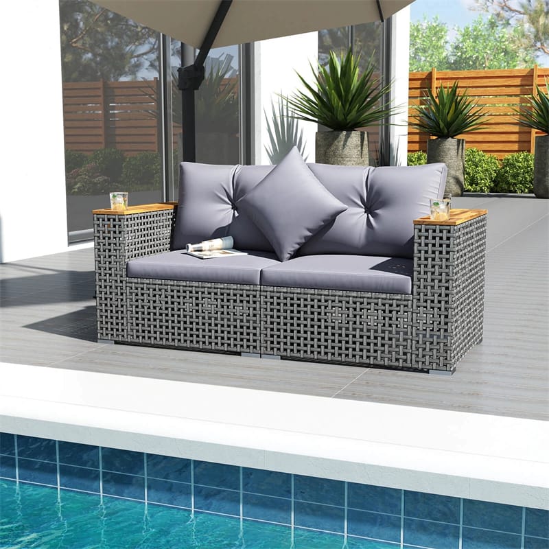 62.5" Patio Wicker Loveseat w/ Acacia Wood Armrests & Cup Holders, 2PCS Modular Rattan Corner Sectional Sofa w/ Cushions & Pillows for Backyard