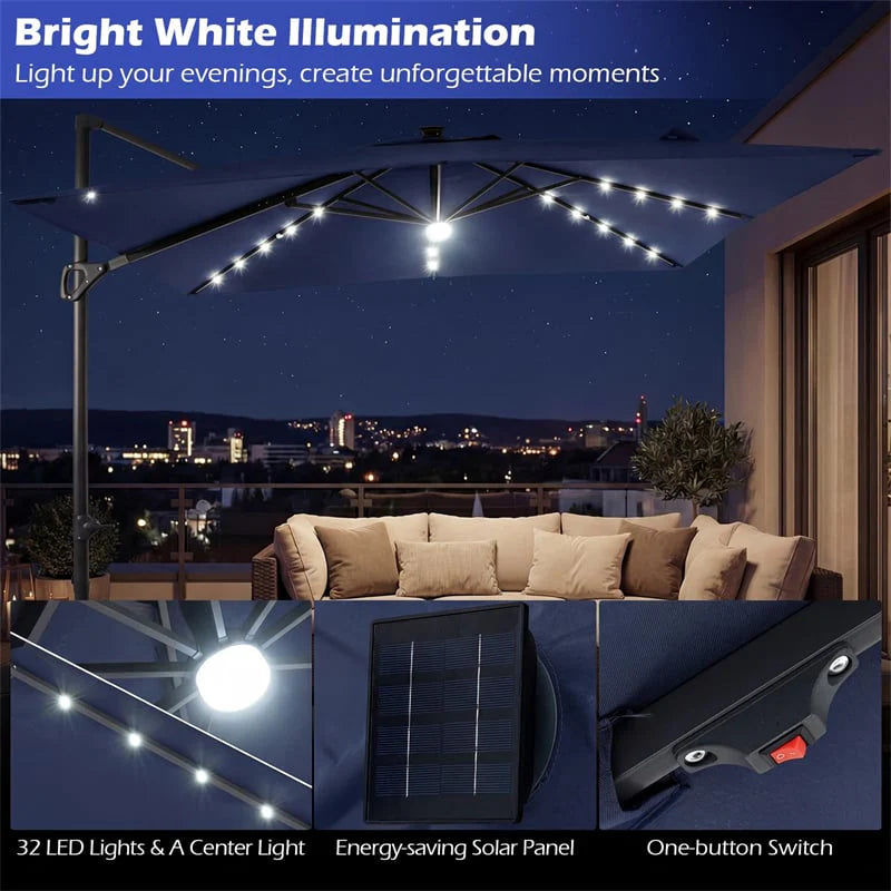 10 FT Cantilever Patio Umbrella with 32 Solar LED Lights, 360° Rotation & Easy Tilt, Square Outdoor Offset Hanging Umbrella with Cross Base