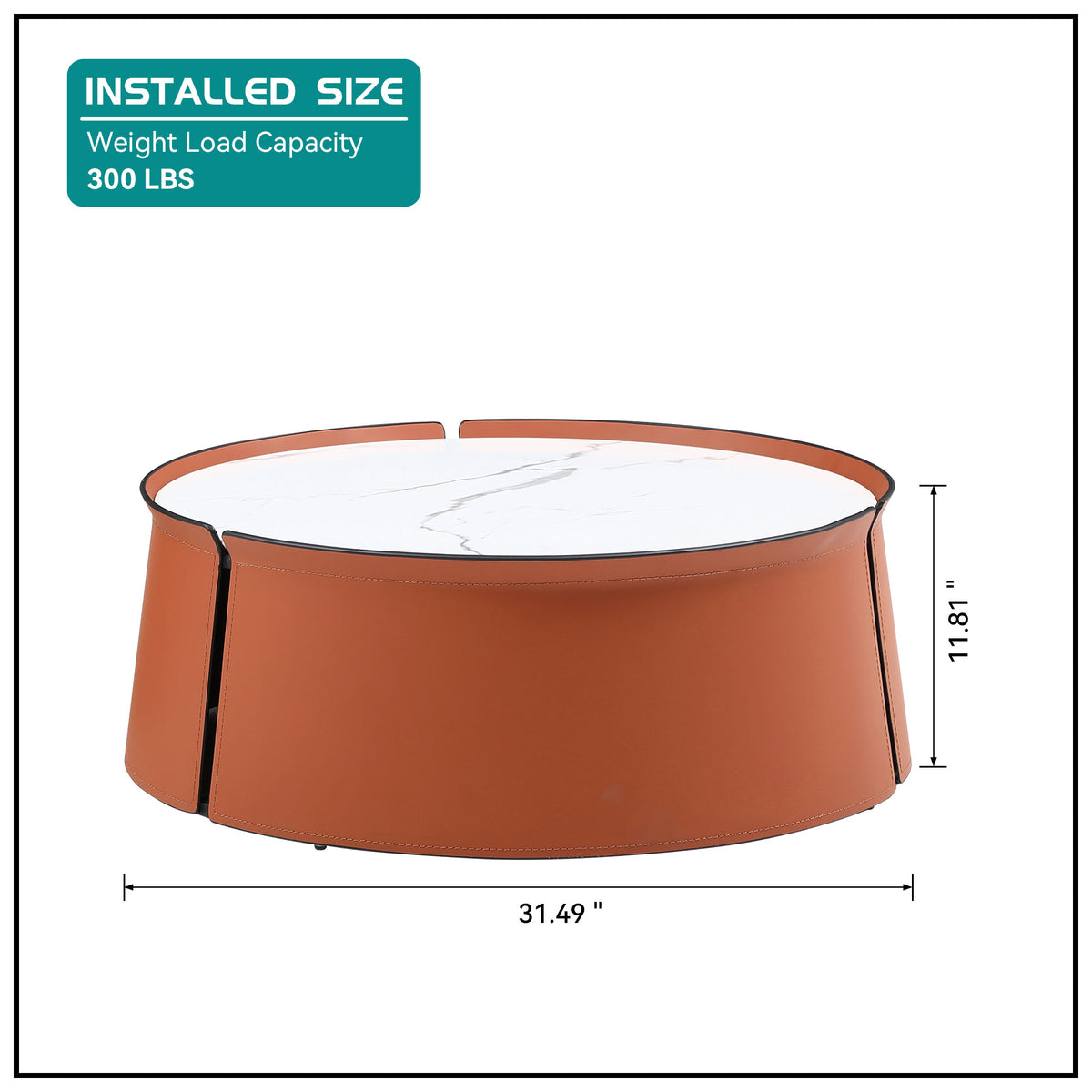 31.5 in Coffee Table, Marble Top+Orange Saddle Leather Body+Iron Frame