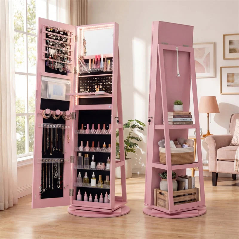 360° Swivel Jewelry Cabinet Armoire w/ Full Length Mirror 3-Color LED Lights & Rear Shelves, Lockable Standing Jewelry Storage Organizer