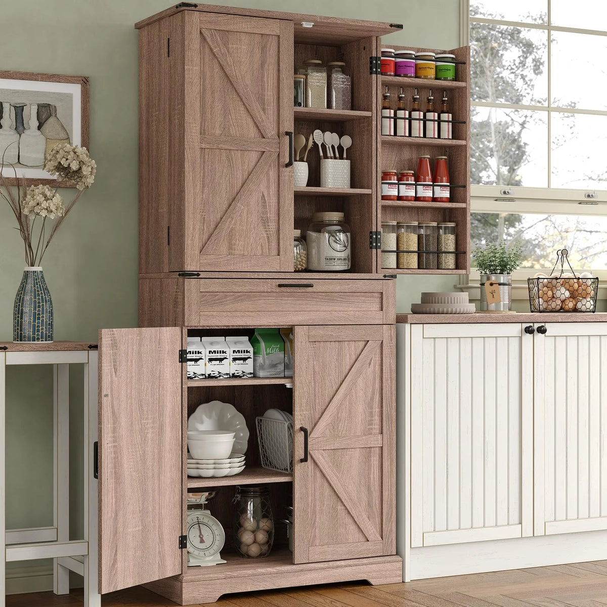 FUSOU 72'' Kitchen Storage Pantry Cabinet, Tall Storage Cabinet with 8 Door Shelves, 2 Cabinets and 1 Drawer, Freestanding Cupboard for Kitchen, Dining Room, Bathroom, Laundry