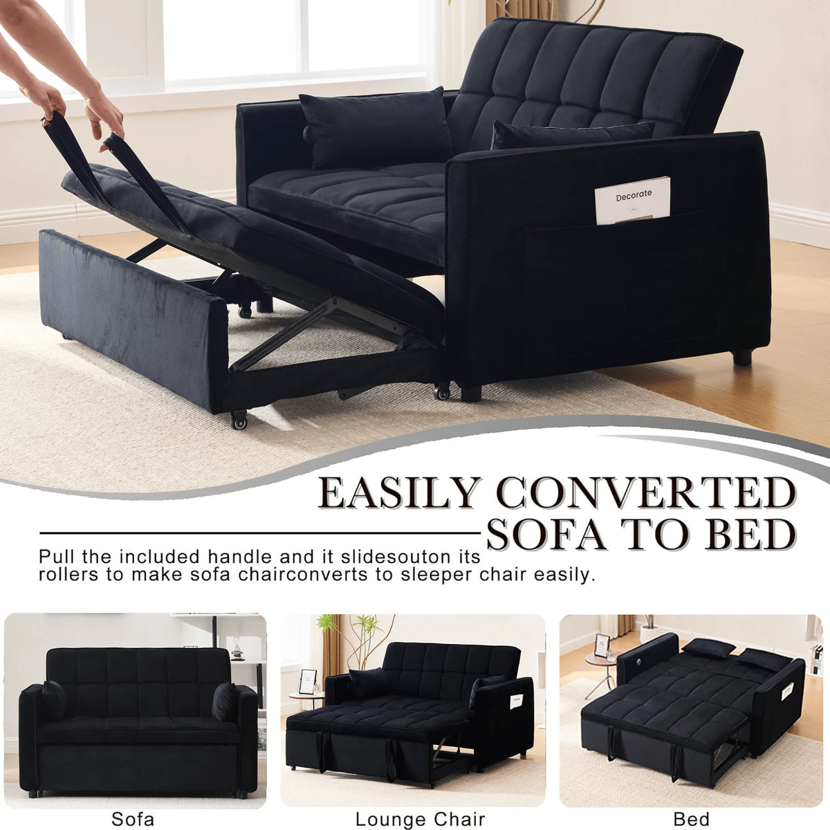 Velvet 3 - in - 1 Convertible Sofa Bed - USB Charging, Adjustable Backrest Pull - Out Couch Loveseat Sleeper for Living Room, Apartment & Small Space, Black