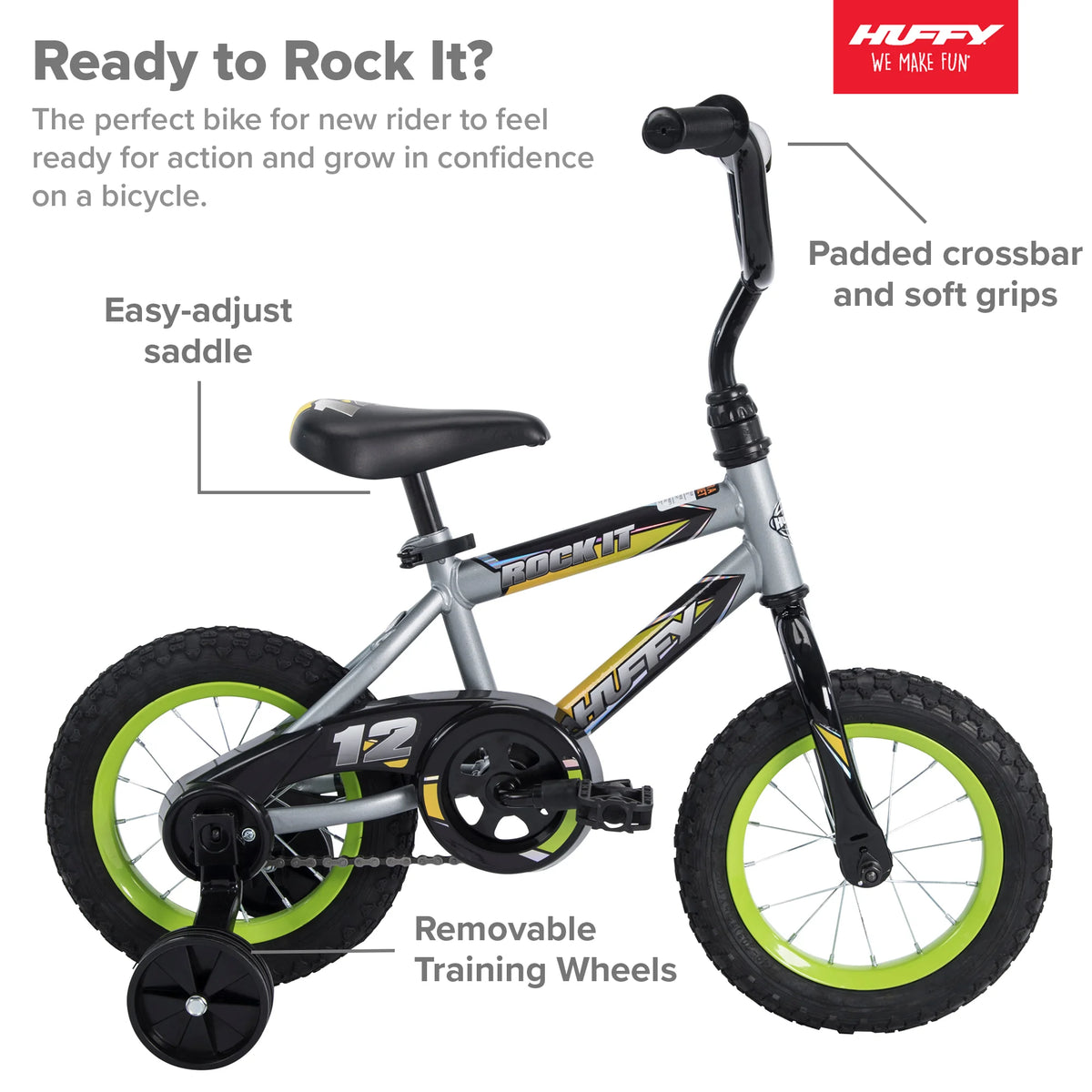 12 In. Rock It Boy Kids Bike, Grey Matte and Lime