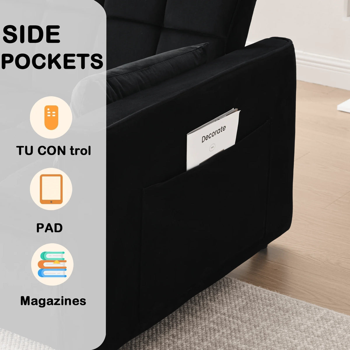 Velvet 3 - in - 1 Convertible Sofa Bed - USB Charging, Adjustable Backrest Pull - Out Couch Loveseat Sleeper for Living Room, Apartment & Small Space, Black