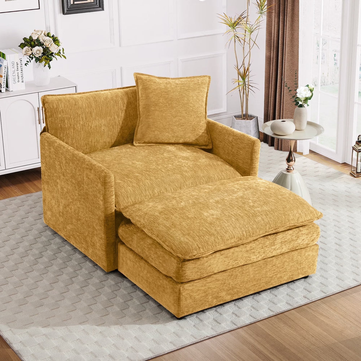 Muumblus Oversized Lounge Chair with Ottoman, Cloud Accent Armchair for Living Room, Beige Chenille
