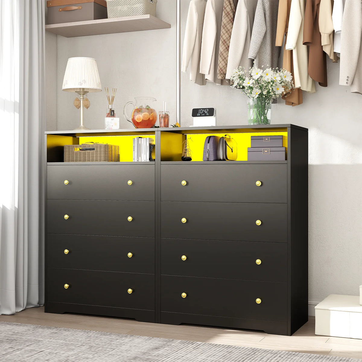 4 - Drawer Black Wood Dresser with LED Lights, Modern Chest of Drawers for Bedroom, Living Room