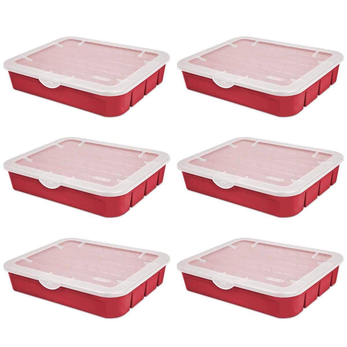 Sterilite 20 Compartment Adjustable Ornament Storage Box Red 6 Pack