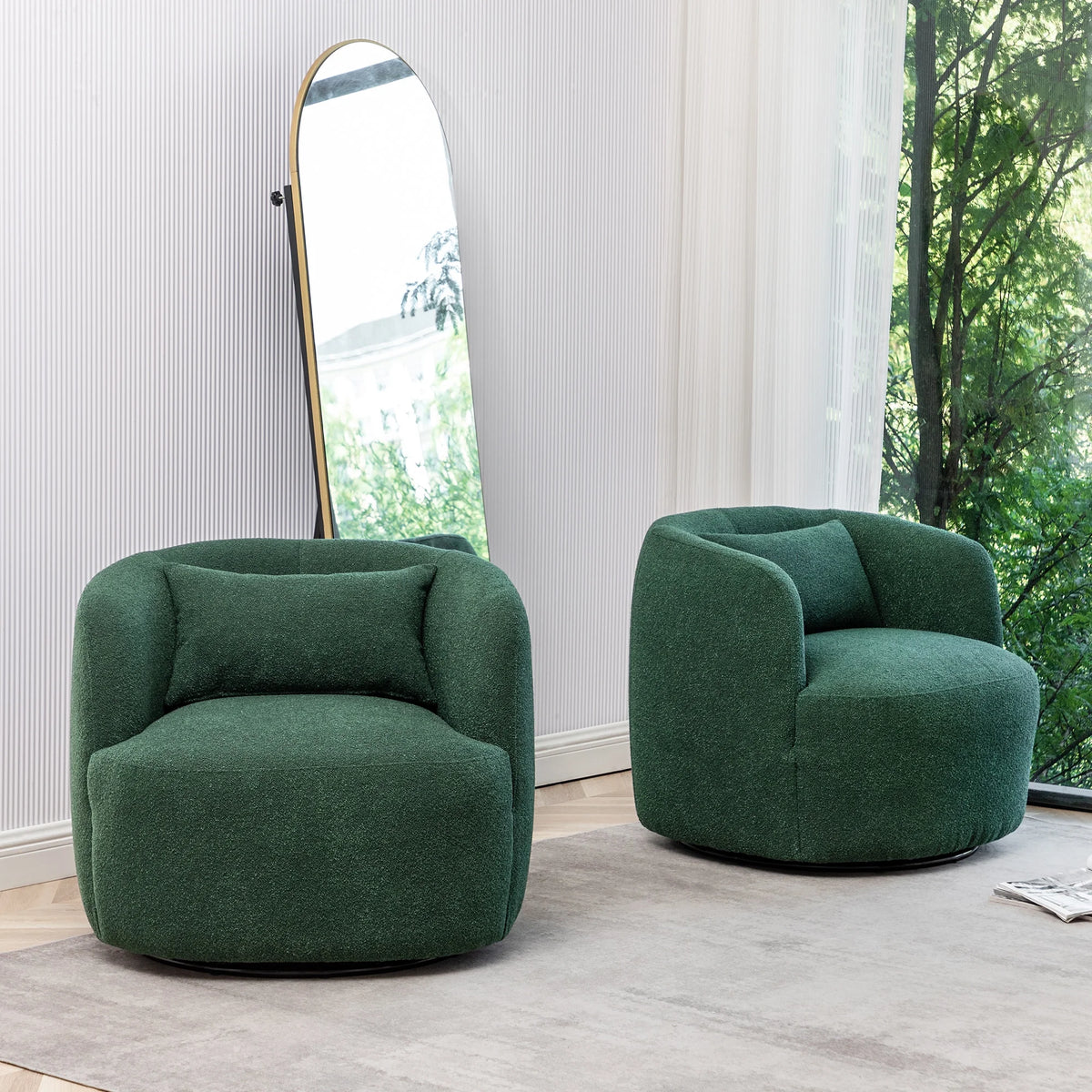 34" Wide Boucle Swivel Barrel Chair, No Assembly Round Upholstered Armchair Accent Chair Single Sofa Chair with Toss Pillow for Living Room and Bedroom, Taupe