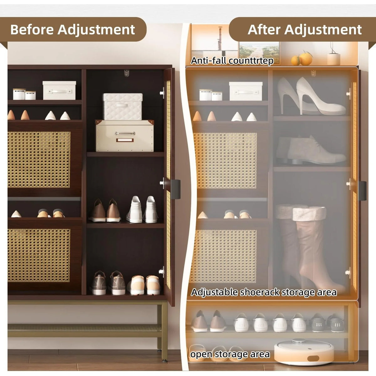 AECOJOY Rattan Shoe Cabinet with 3 Flip Drawers, Free Standing Shoe Storage Organizer with Adjustable Shelves, Fits 13 Shoes