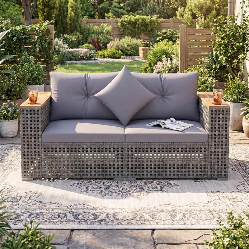 62.5" Patio Wicker Loveseat w/ Acacia Wood Armrests & Cup Holders, 2PCS Modular Rattan Corner Sectional Sofa w/ Cushions & Pillows for Backyard