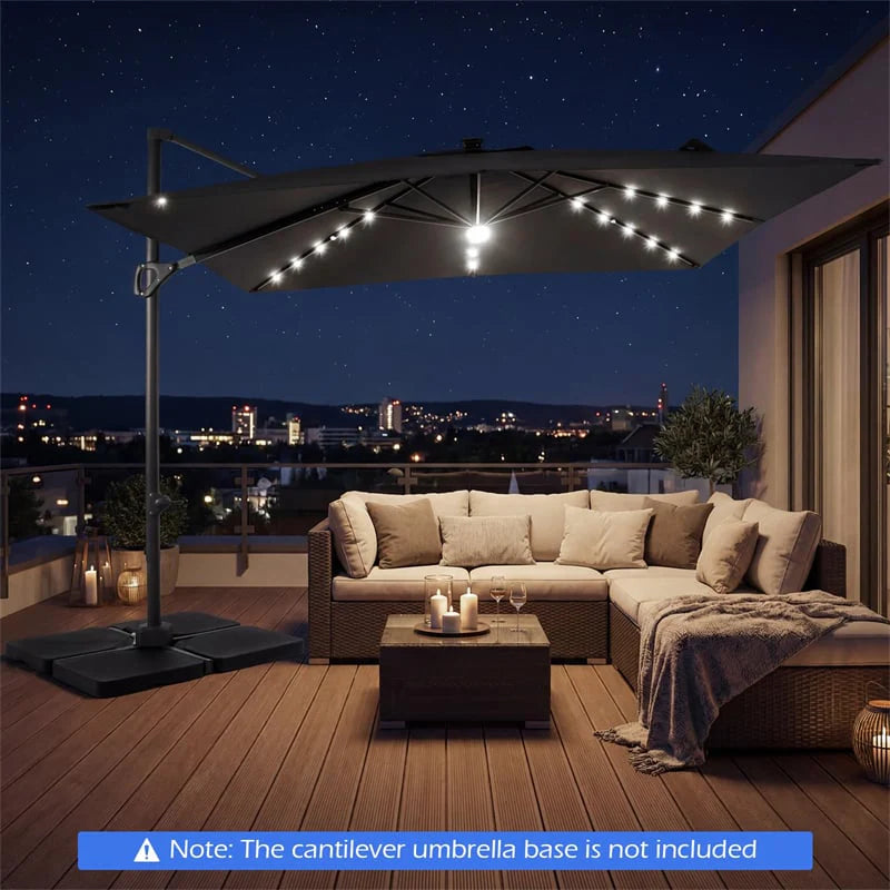 10 FT Cantilever Patio Umbrella with 32 Solar LED Lights, 360° Rotation & Easy Tilt, Square Outdoor Offset Hanging Umbrella with Cross Base