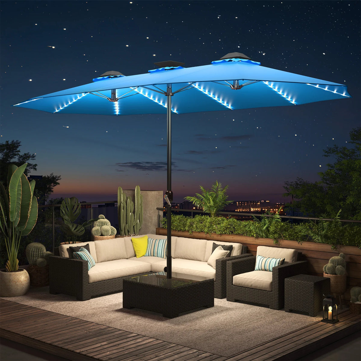 AECOJOY 15ft Patio Double-Sided Umbrella, 156 PCS Solar LED Light Outdoor Large Umbrella, Sky Blue