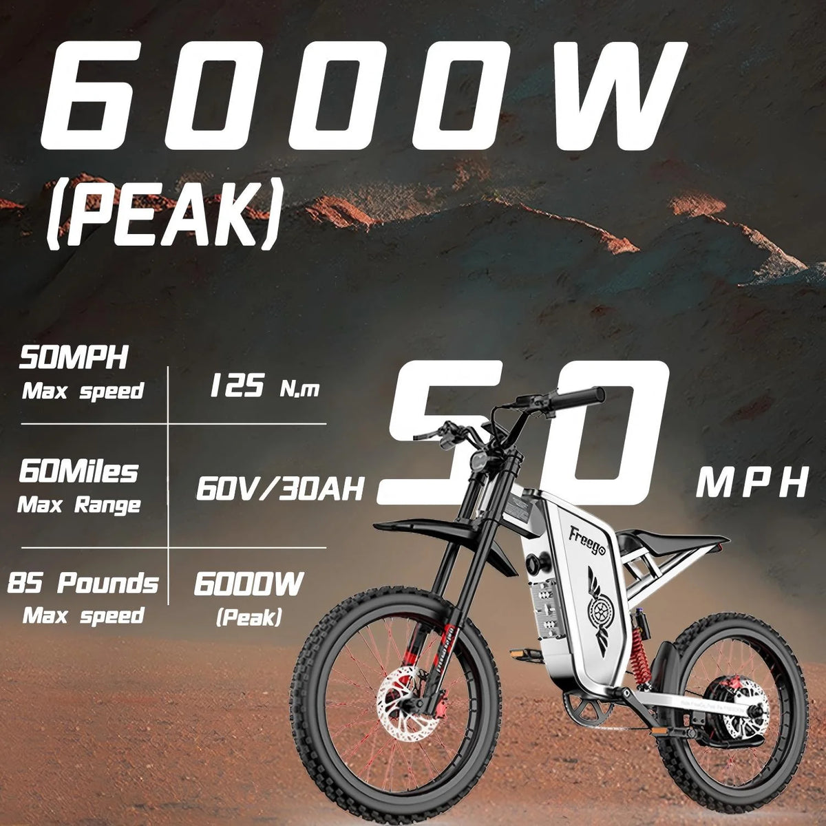 6000W(Peak) Motor 60V/30ah Battery Freego X2pro Electric Motorcycle for Adults, Electric Bike, 50MPH/7 Speed Off Road Electric Bicycle, 19x2 Full Suspension/Four - Piston Hydraulic Brake UL2849MTB