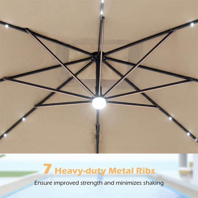 10 FT Cantilever Patio Umbrella with 32 Solar LED Lights, 360° Rotation & Easy Tilt, Square Outdoor Offset Hanging Umbrella with Cross Base