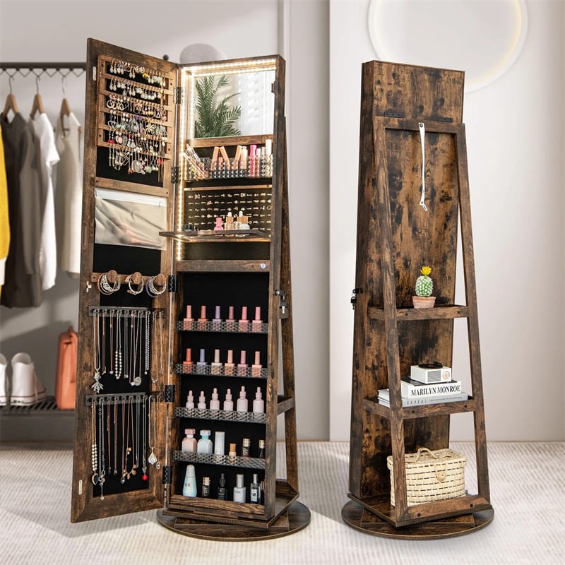 360° Swivel Jewelry Cabinet Armoire w/ Full Length Mirror 3-Color LED Lights & Rear Shelves, Lockable Standing Jewelry Storage Organizer