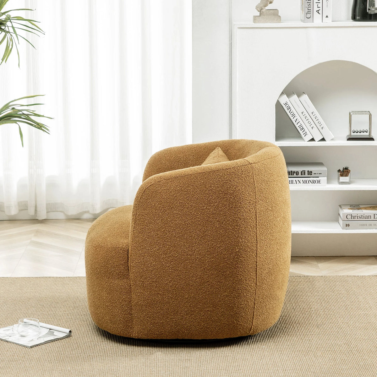 34" Wide Boucle Swivel Barrel Chair, No Assembly Round Upholstered Armchair Accent Chair Single Sofa Chair with Toss Pillow for Living Room and Bedroom, Taupe