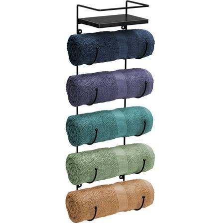 Sorbus 5 Tiers Wall Mounted Metal Towel-Rack for Bathroom with Wooden Top Shelf Black