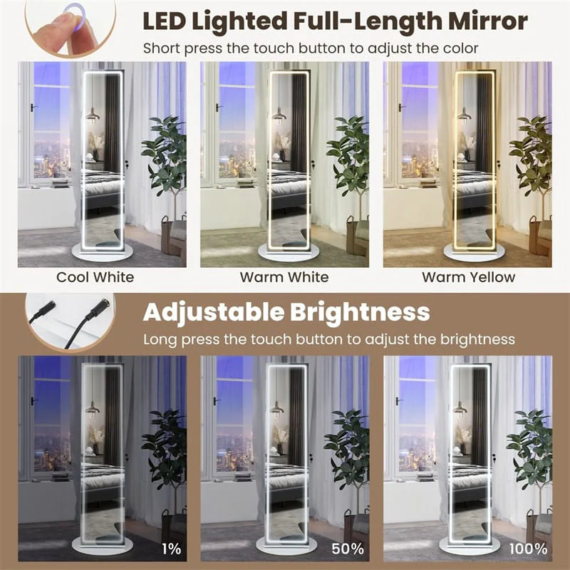 360° Swivel Jewelry Cabinet Armoire w/ Full Length Mirror 3-Color LED Lights & Rear Shelves, Lockable Standing Jewelry Storage Organizer