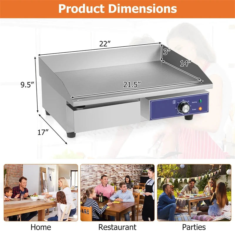 22" Commercial Electric Griddle 2000W, Stainless Steel Flat Top Grill w/ Cast Iron Plate & 122°F-572°F Adjustable Temp, Kitchen Countertop Teppanyaki