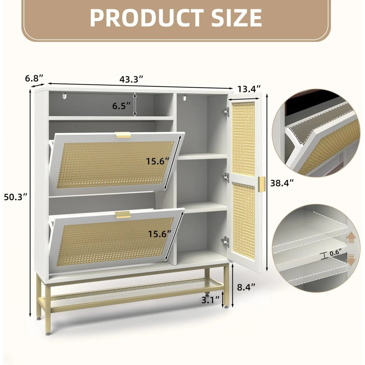 AECOJOY Rattan Shoe Cabinet with 3 Flip Drawers, Free Standing Shoe Storage Organizer with Adjustable Shelves, Fits 13 Shoes