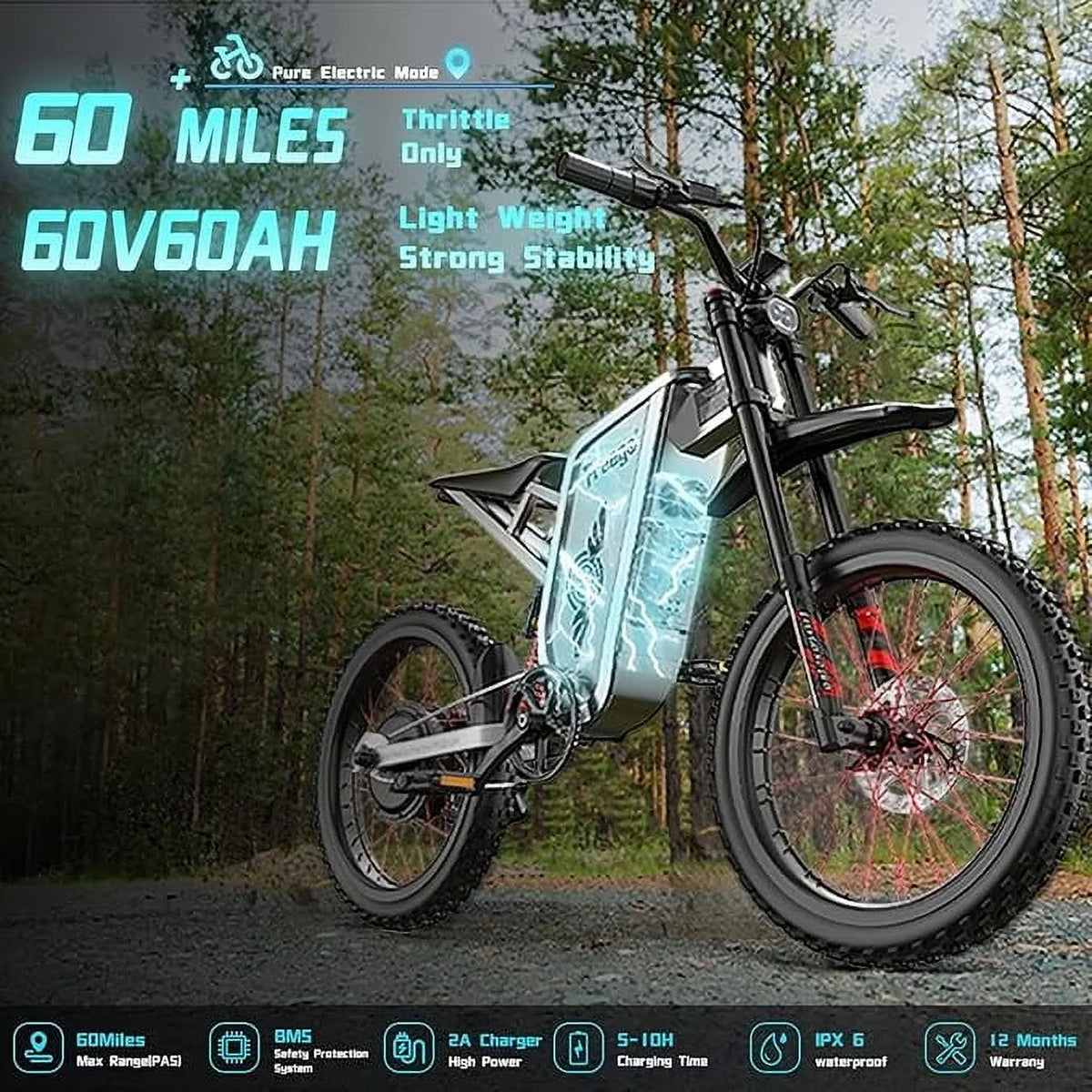 6000W(Peak) Motor 60V/30ah Battery Freego X2pro Electric Motorcycle for Adults, Electric Bike, 50MPH/7 Speed Off Road Electric Bicycle, 19x2 Full Suspension/Four - Piston Hydraulic Brake UL2849MTB