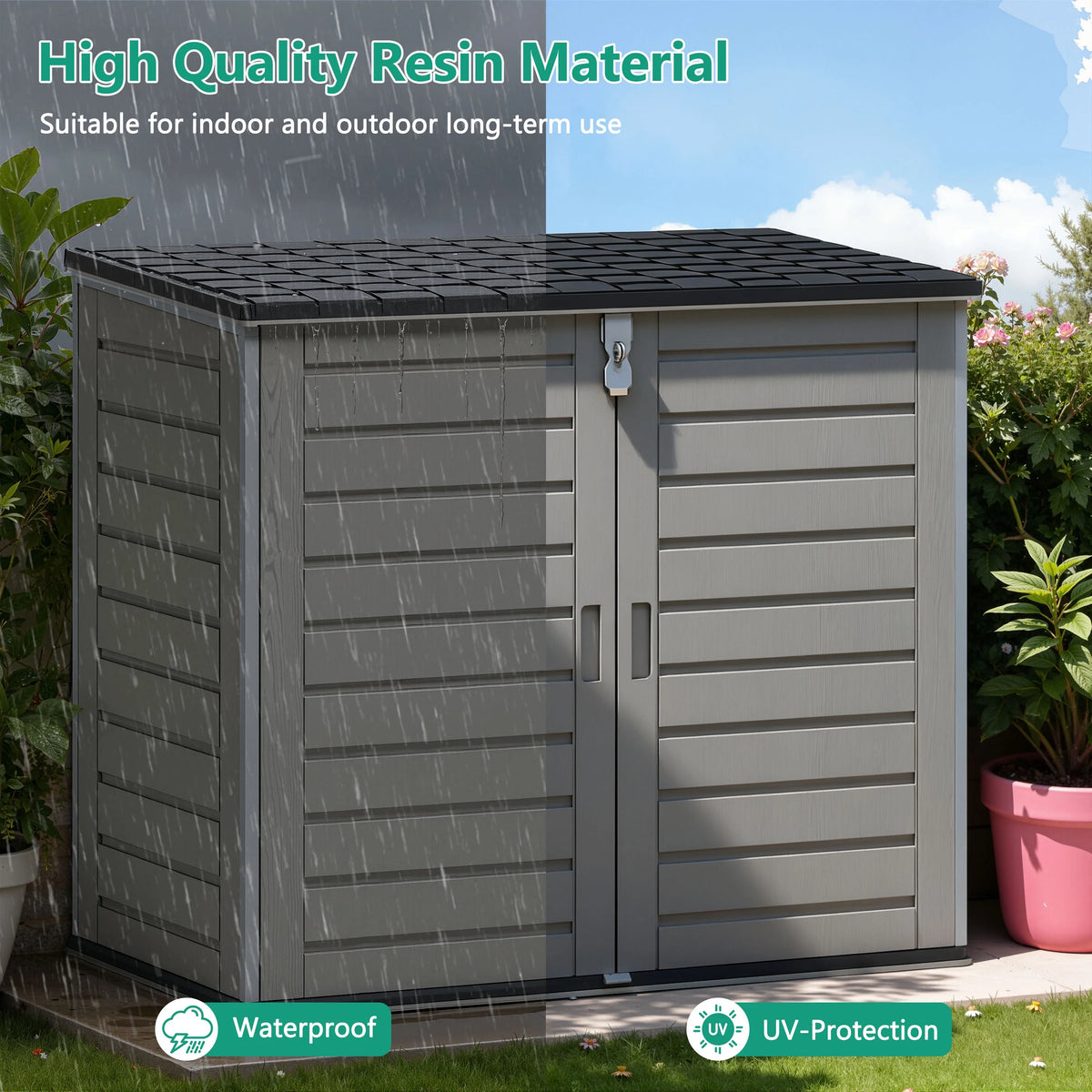51 cu ft Outdoor Storage Shed, Resin Storage Cabinet with Door & Lock, Multi - Purpose Outdoor Shed for Garbage Cans, Garden Tools, Bikes, Easy to Assemble, Gray