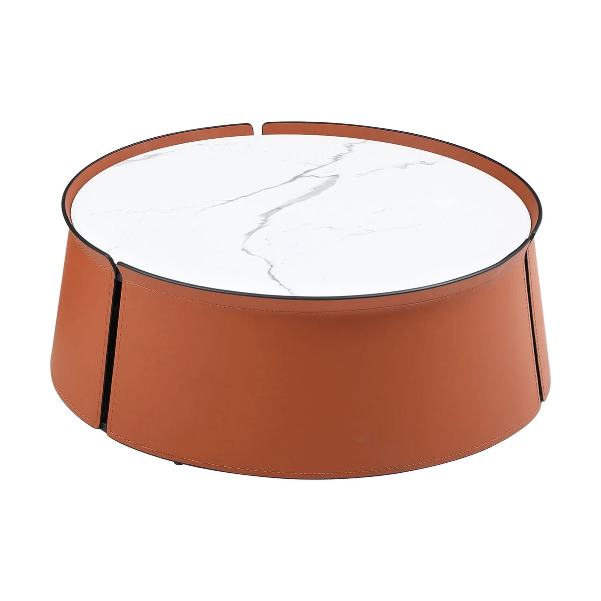 31.5 in Coffee Table, Marble Top+Orange Saddle Leather Body+Iron Frame