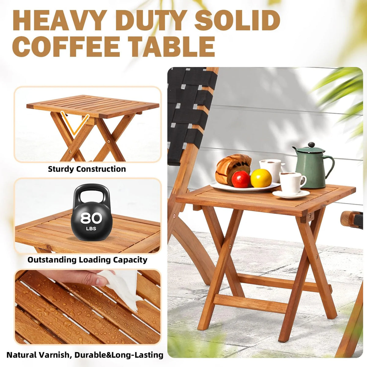AECOJOY 3 Piece Patio Furniture Set, Acacia Wood Outdoor Bistro Set with Coffee Table & Folding Chairs