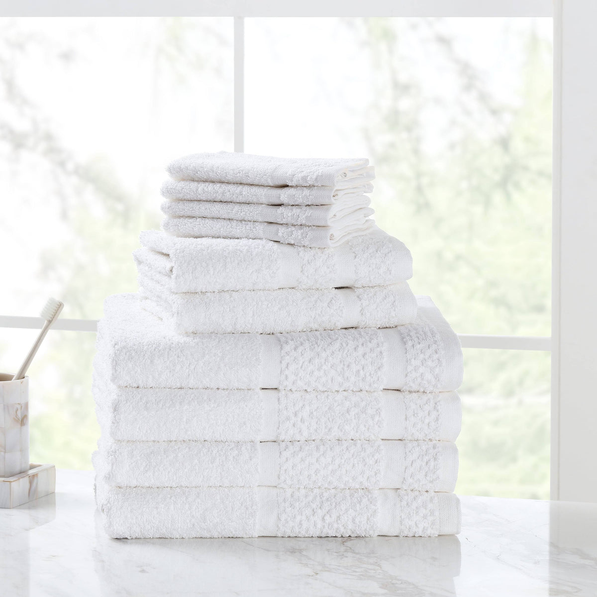 Mainstays 10 Piece Bath Towel Set with Upgraded Softness & Durability, Office Blue - White