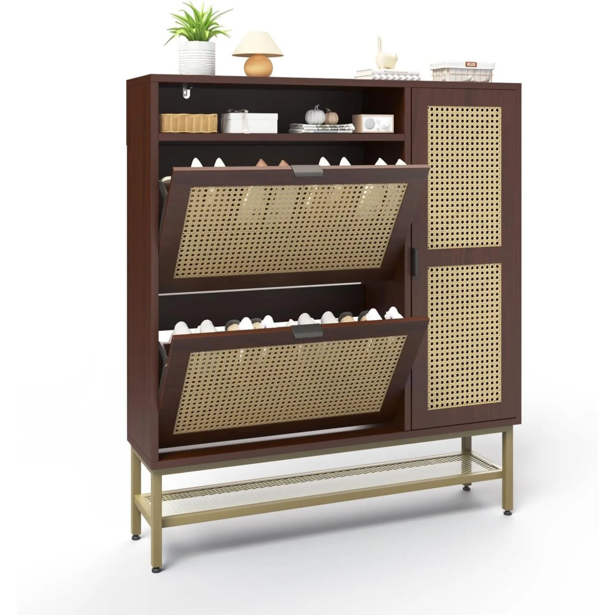 AECOJOY Rattan Shoe Cabinet with 3 Flip Drawers, Free Standing Shoe Storage Organizer with Adjustable Shelves, Fits 13 Shoes