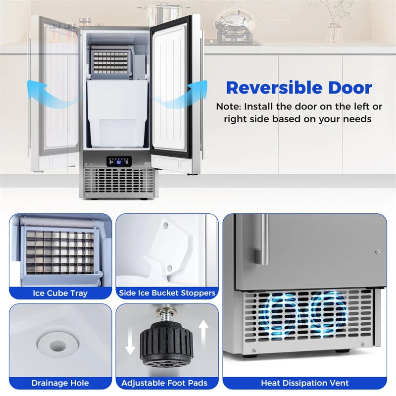 110 LBS/24H Commercial Ice Maker, 15" Built-in Undercounter Ice Machine with 25 LBS Storage & Reversible Door for Home Bar, Restaurant