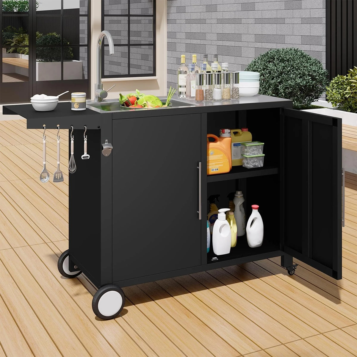 AECOJOY Outdoor Kitchen Sink with Hose Hook up, Stainless Steel Grill Prep Table Kitchen Cabinets Island