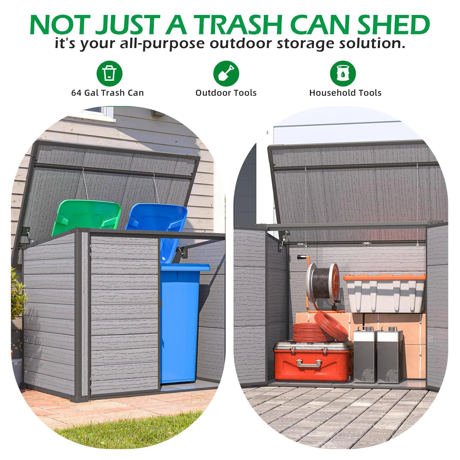 AECOJOY Resin Outdoor Trash Can Storage Shed, Plastic Garbage Can Shed for 2 Cans