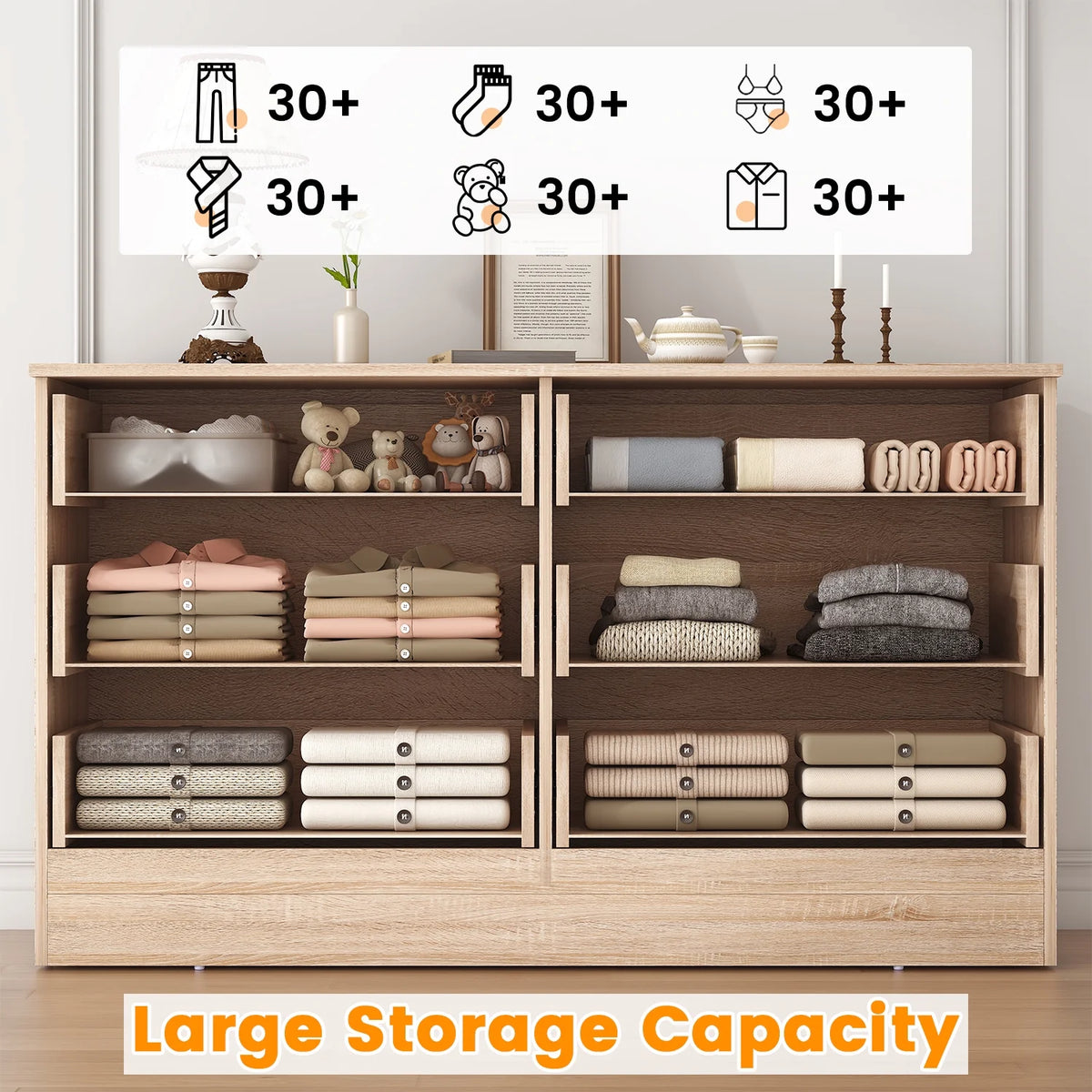 Winkalon 6 Drawer Oak Double Dresser, Wood Storage Cabinet with Easy Pull Out Handles for Living Room, Chest of Drawers for Bedroom