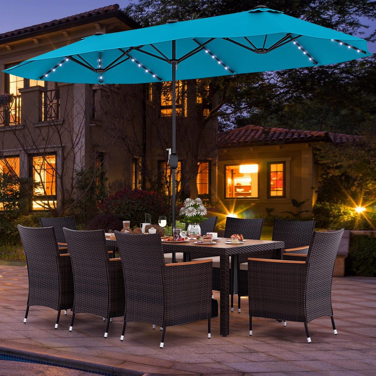Tangkula 11 Pieces Outdoor Rattan Furniture Set with 15ft Double-Sided Patio Umbrella (Base Included)