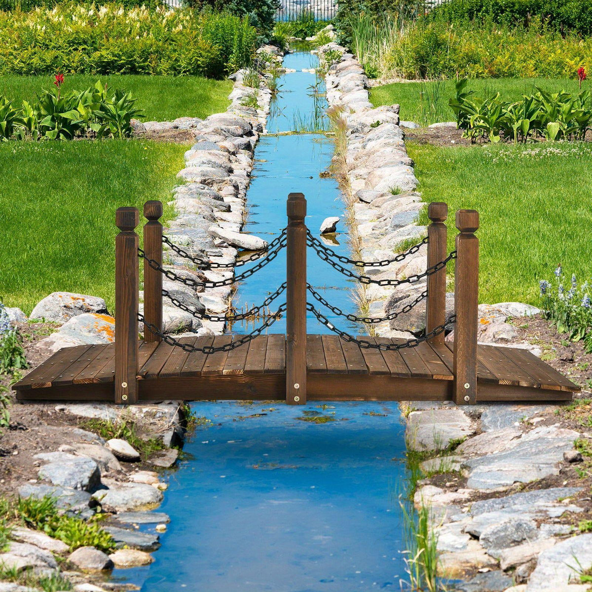 5ft Rustic Wooden Garden Bridge with Railings - Sturdy Fir Footbridge, Weather - Resistant Outdoor Walkway for Weddings, Home Decor, and Gardens, Supports up to 500 lb, Natural Brown Finish