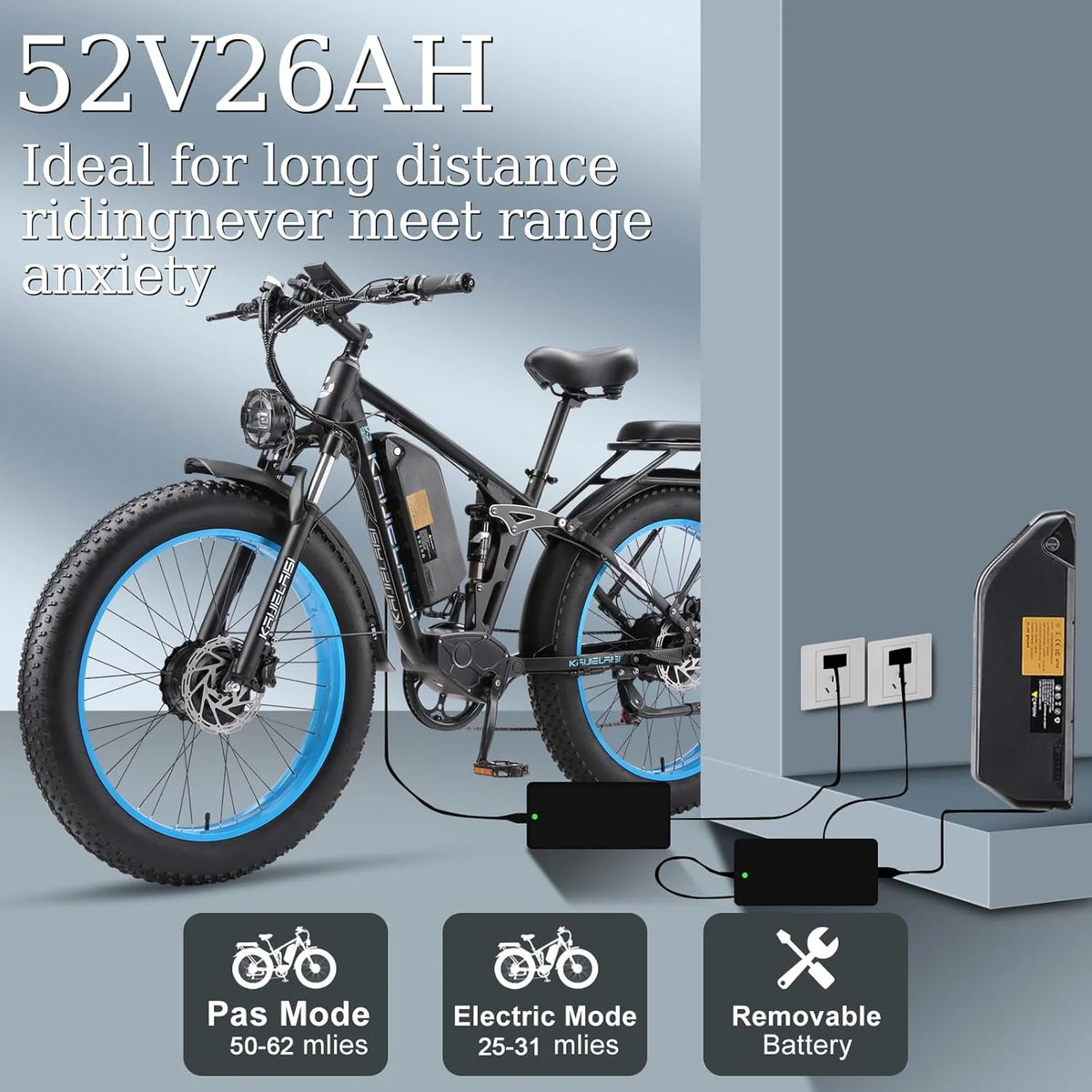 KAIJIELAISI Electric Bike for Adults, AWD Ebikes Dual Motor Peak 6000W, 26'' Fat Tire Bikes with 52V 26AH Battery Hydraulic Brake ??electric Bicycle, 7 Speed Mountain Ebike UL 2849