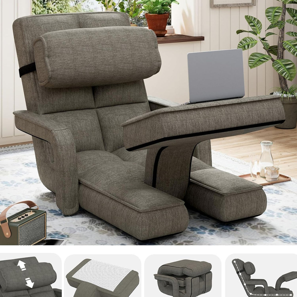 AECOJOY Floor Chair, Padded Folding Gaming Chair with 14-Level Adjustable Backrest, Portable Lazy Sofa