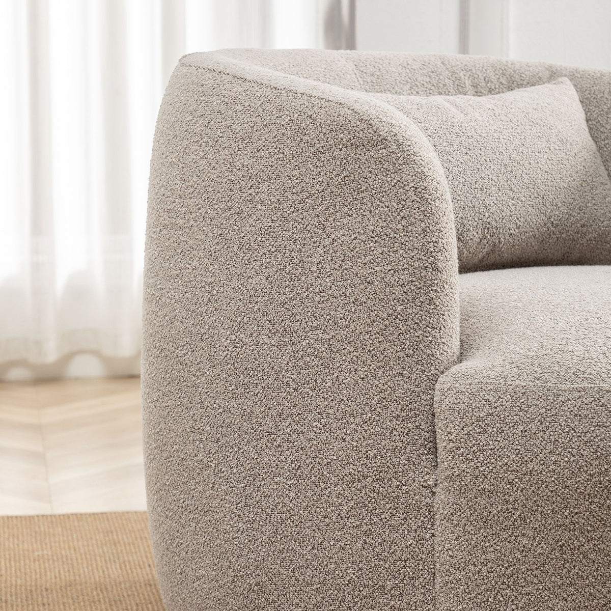 34" Wide Boucle Swivel Barrel Chair, No Assembly Round Upholstered Armchair Accent Chair Single Sofa Chair with Toss Pillow for Living Room and Bedroom, Taupe