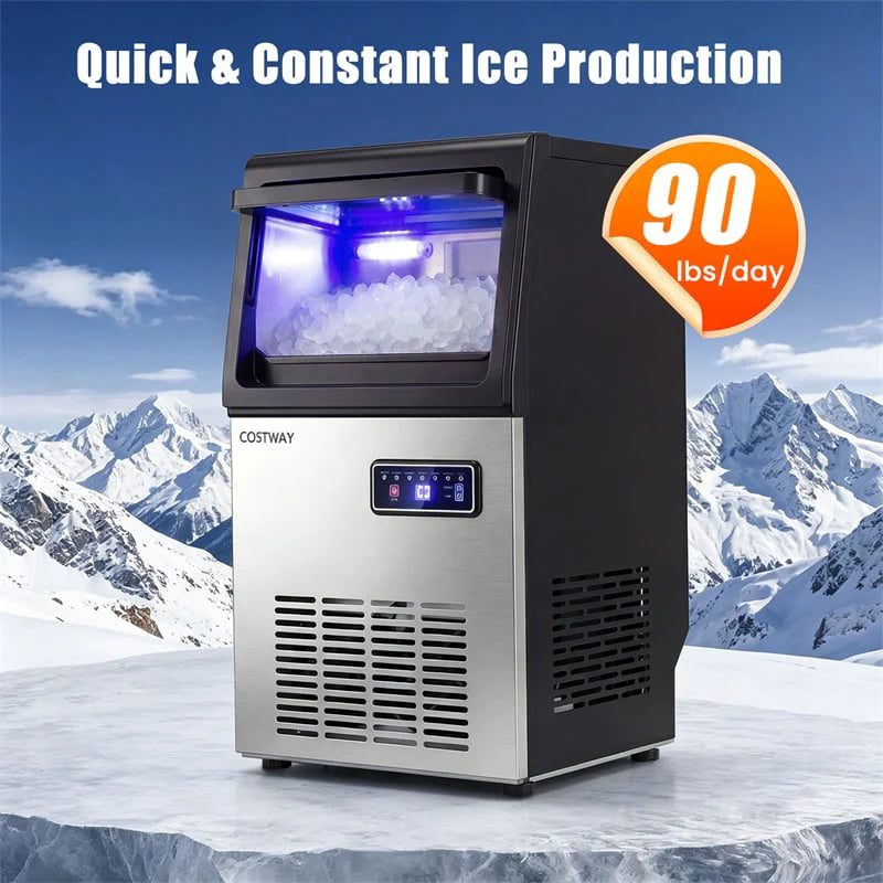 90 LBS/24H Commercial Nugget Ice Maker, Undercounter Chewable Pellet Sonic Ice Machine with Self-Cleaning & 10 LBS Storage for Office, Bar, Cafe