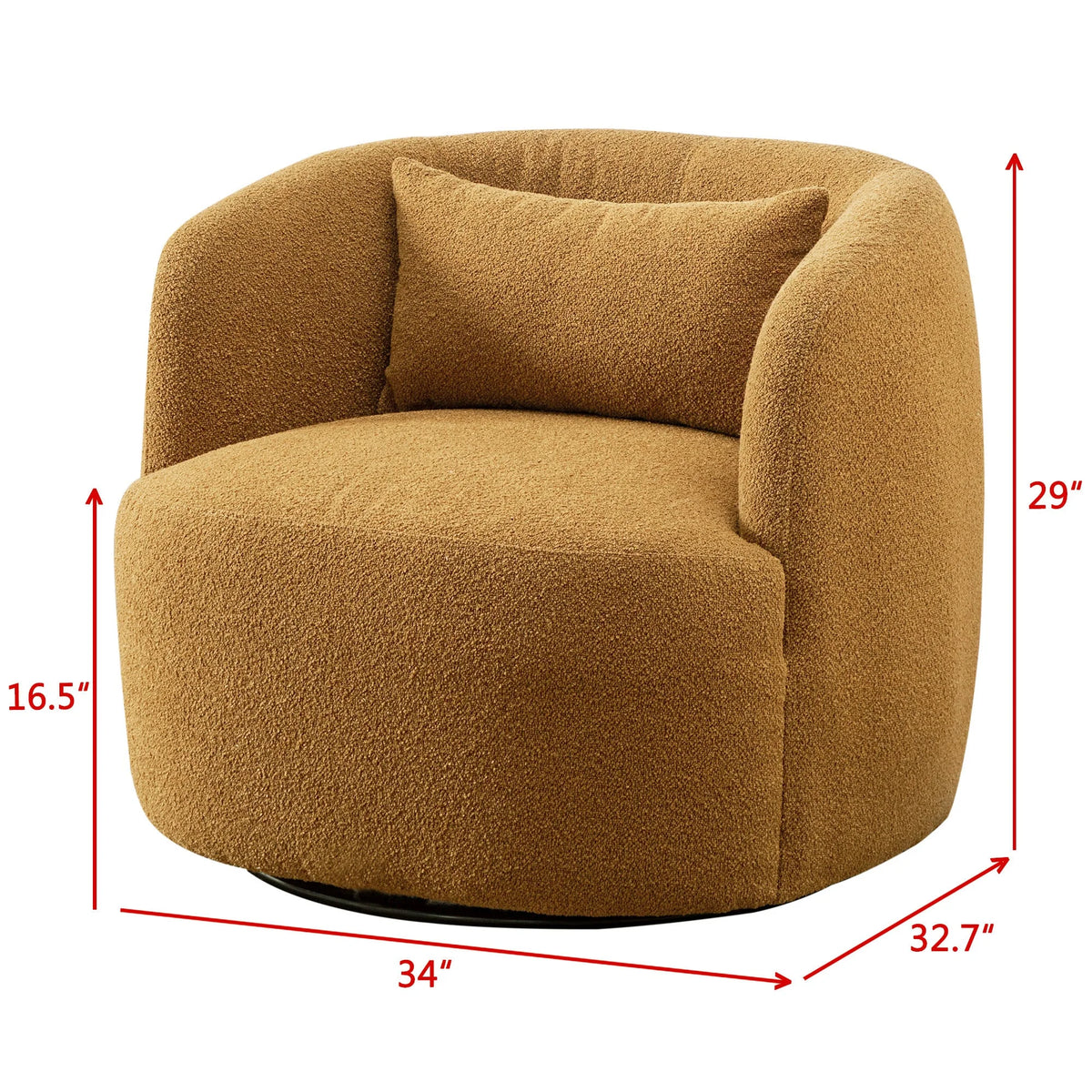 34" Wide Boucle Swivel Barrel Chair, No Assembly Round Upholstered Armchair Accent Chair Single Sofa Chair with Toss Pillow for Living Room and Bedroom, Taupe