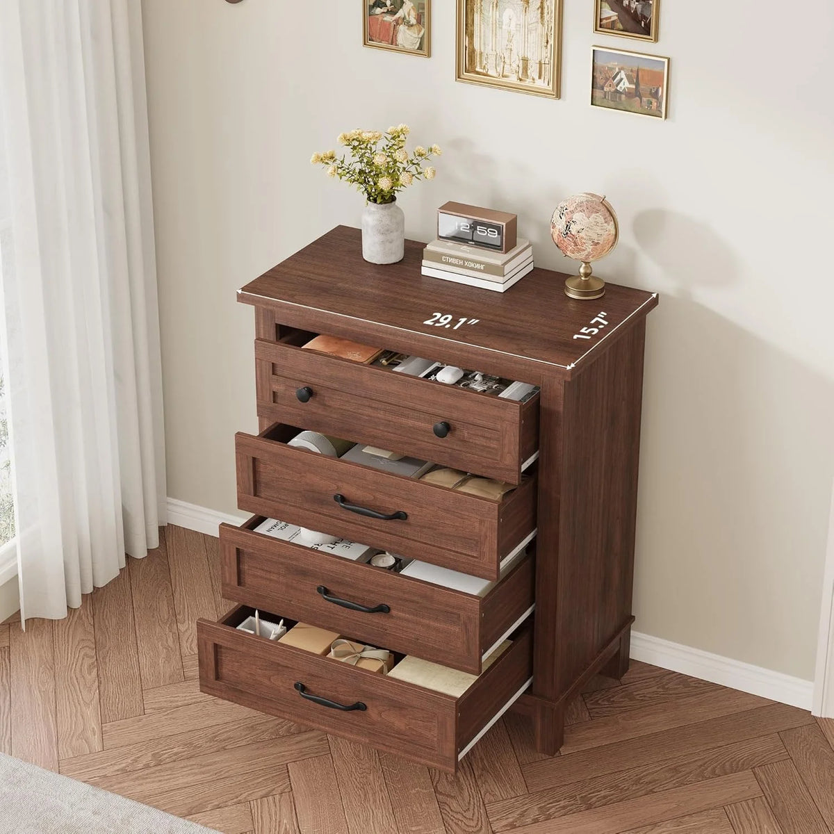 4 Drawer Dresser for Bedroom, 34.8" Tall Bedroom Dresser with Large Drawer& Black Handles, Wooden Storage Organizer Cabinet Chest of Drawer for Living Room, Hallway