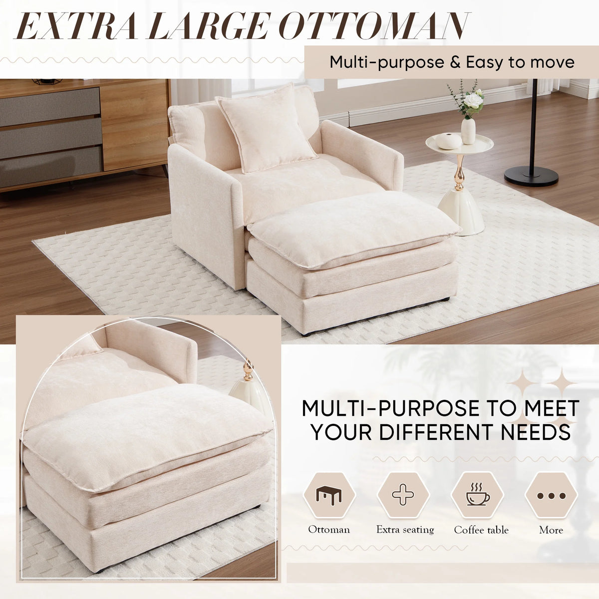 Muumblus Oversized Lounge Chair with Ottoman, Cloud Accent Armchair for Living Room, Beige Chenille