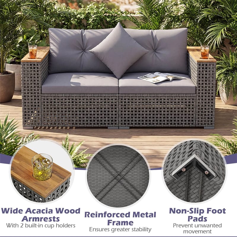 62.5" Patio Wicker Loveseat w/ Acacia Wood Armrests & Cup Holders, 2PCS Modular Rattan Corner Sectional Sofa w/ Cushions & Pillows for Backyard