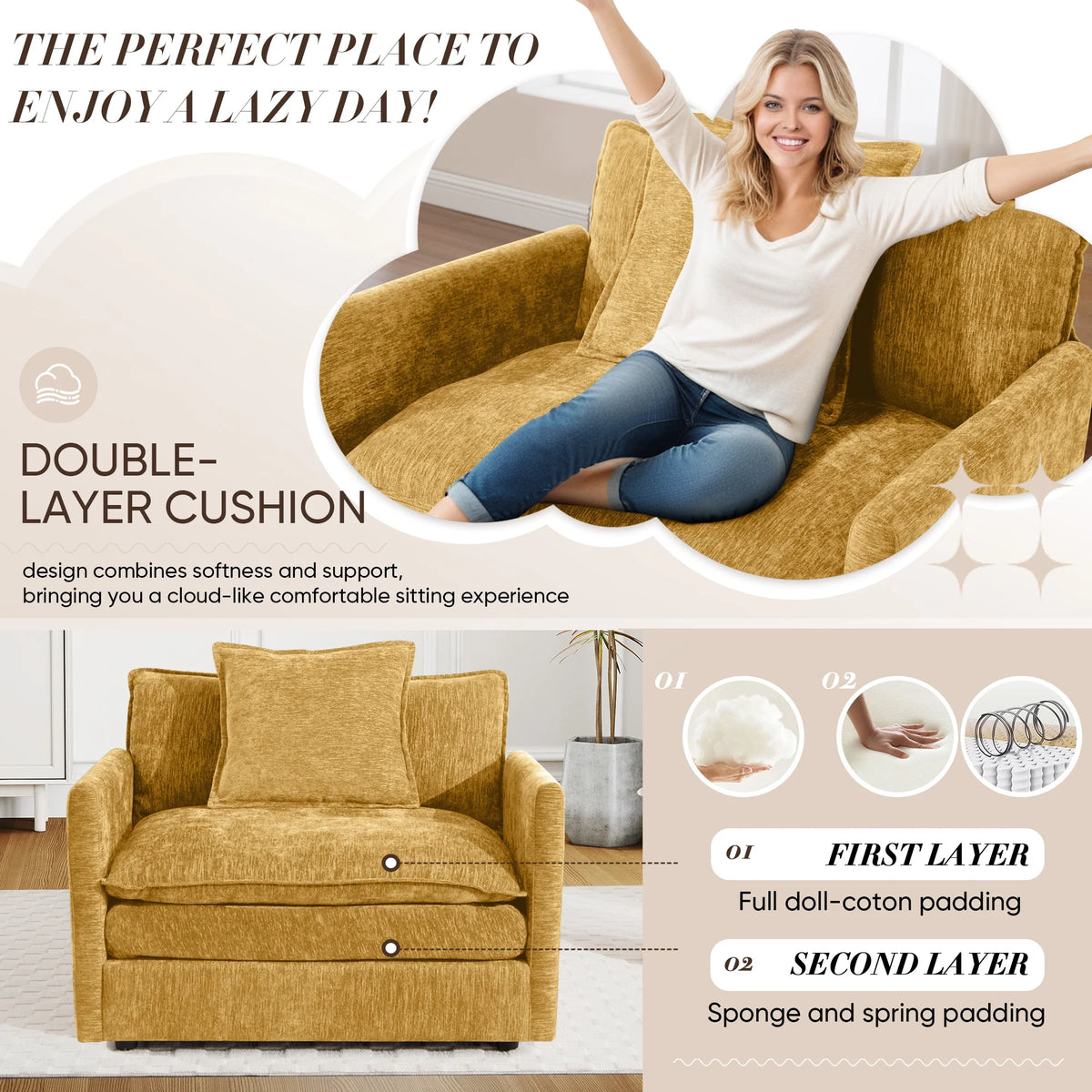 Muumblus Oversized Lounge Chair with Ottoman, Cloud Accent Armchair for Living Room, Beige Chenille
