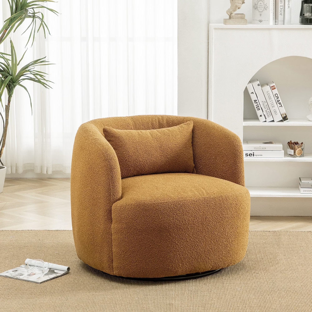 34" Wide Boucle Swivel Barrel Chair, No Assembly Round Upholstered Armchair Accent Chair Single Sofa Chair with Toss Pillow for Living Room and Bedroom, Taupe